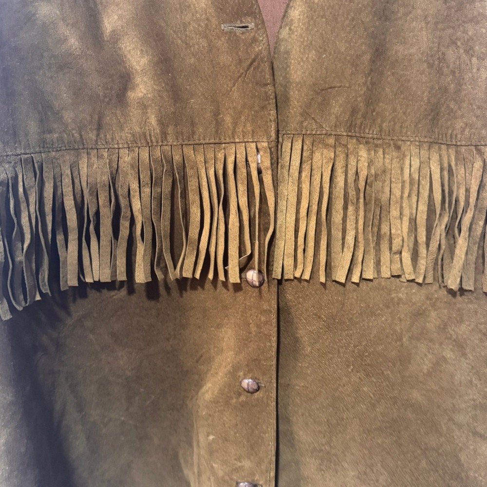 Tristan & Iseut Vintage Brown Suede Leather Fringe Western Vest Made in Canada L - Picture 3 of 5
